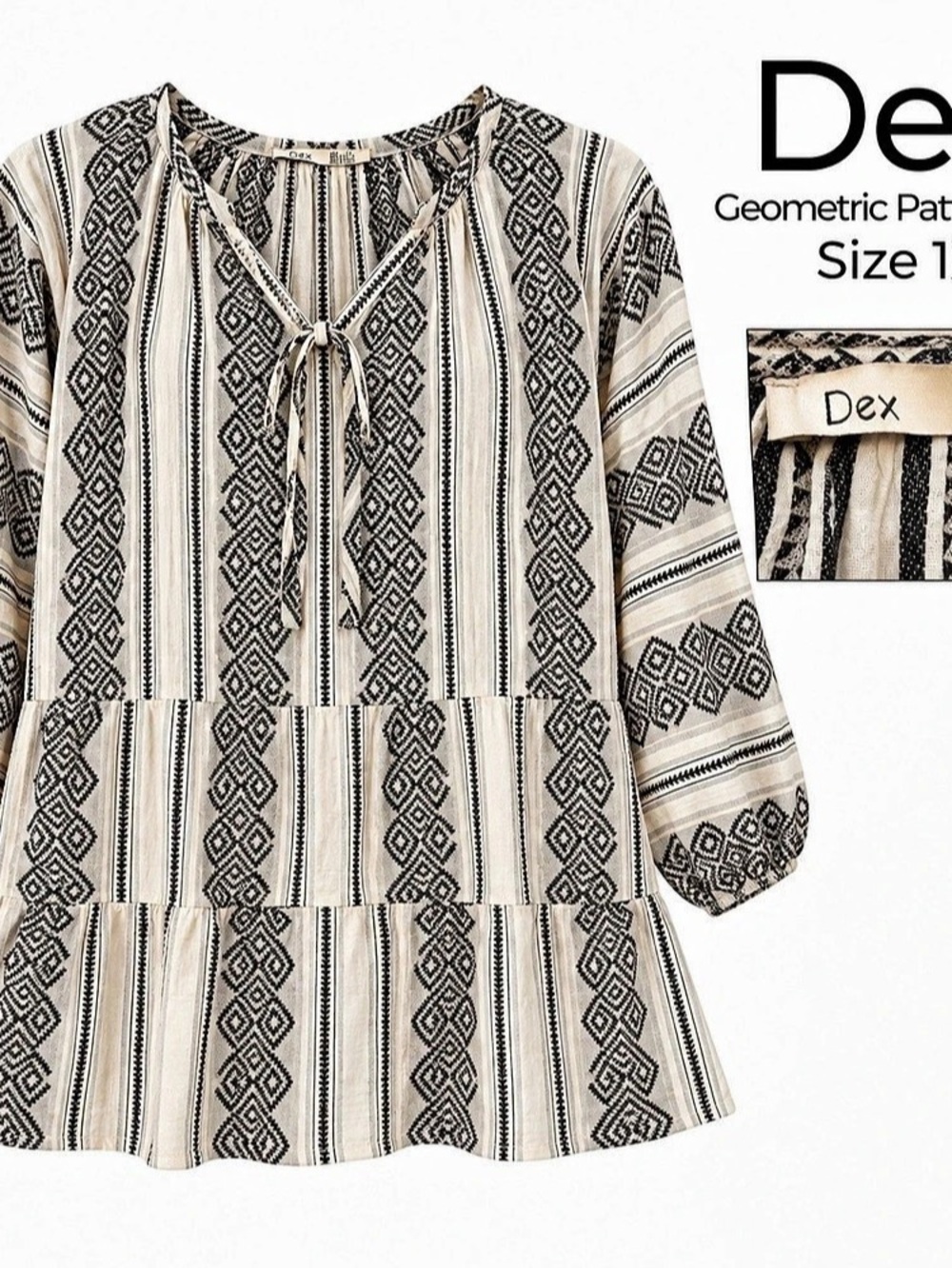 Dex Geometric Peplum Blouse in Black & Cream Size 1X